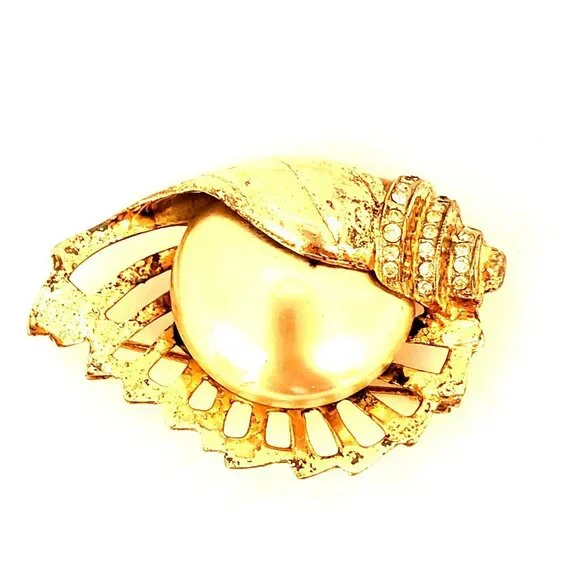 Marslieu Sterling Silver Gold Nautilus Shell Pearl Brooch Earring Set Signed VTG